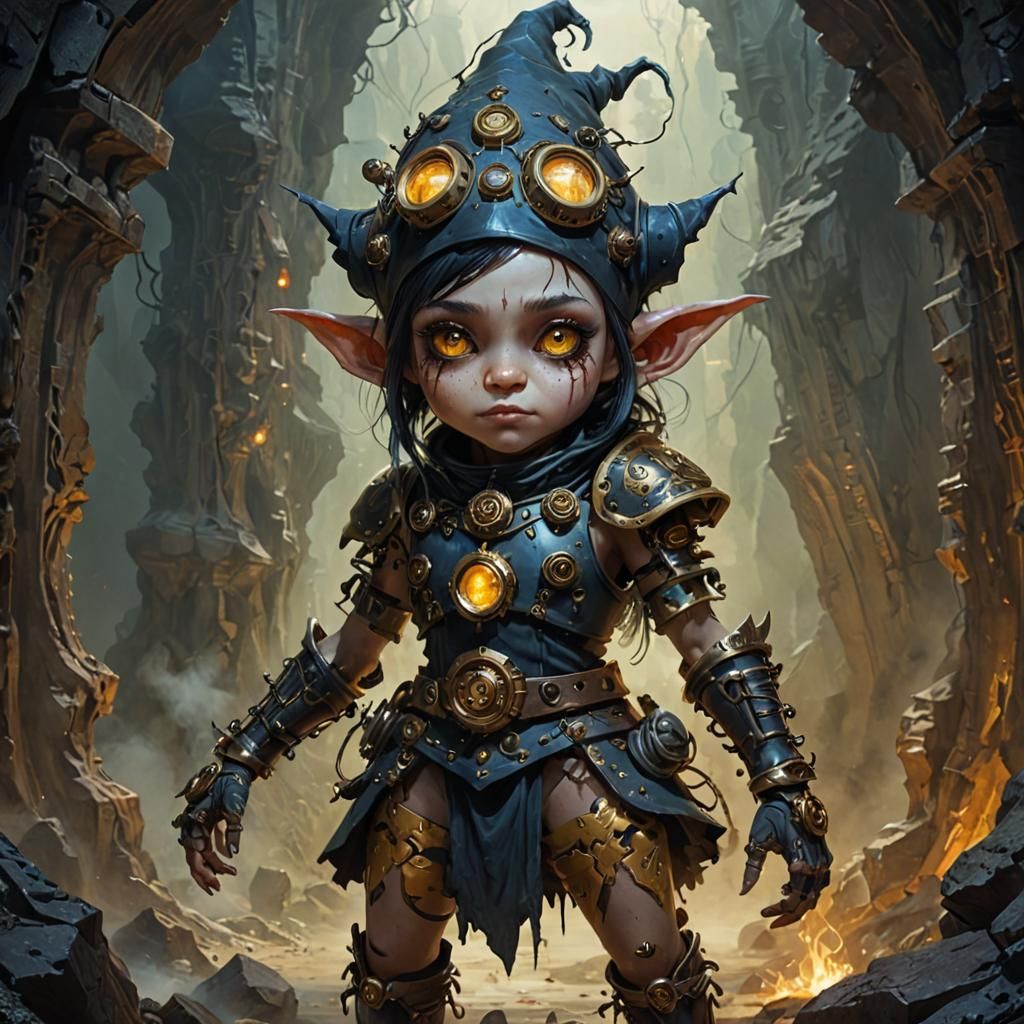 Clockwork Cyborg Gnome in Dark Fantasy Style
