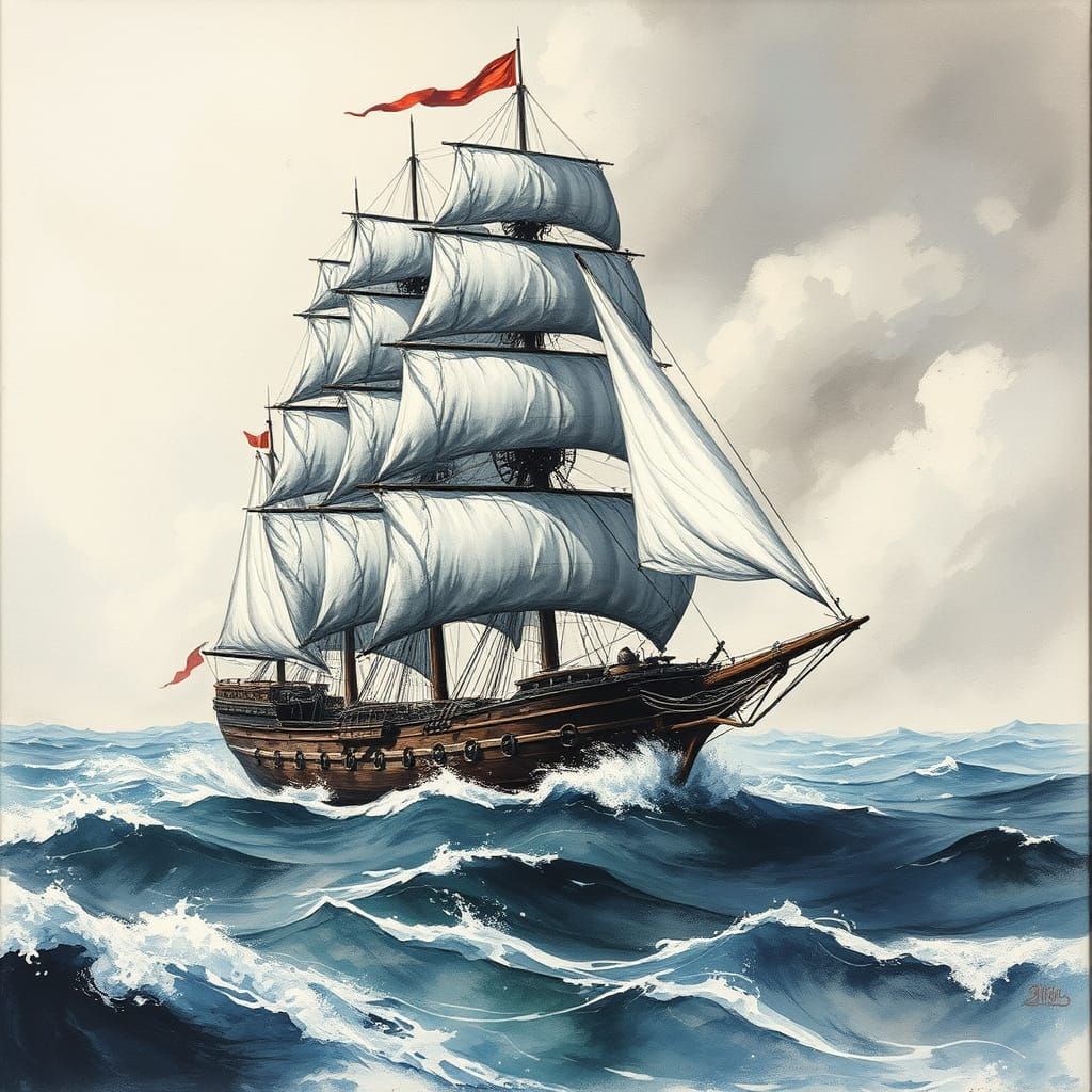 Majestic Sailing Vessel in Gouache and Charcoal Style