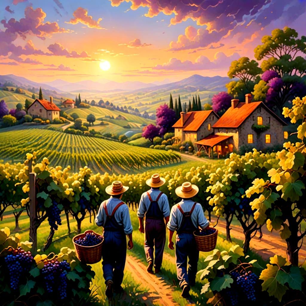 Ethereal Vineyard Scene at Sunset