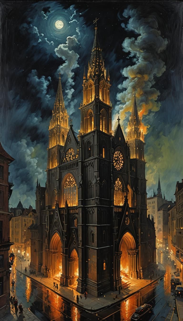Cathedral Ablaze: An Oil Painting at Night