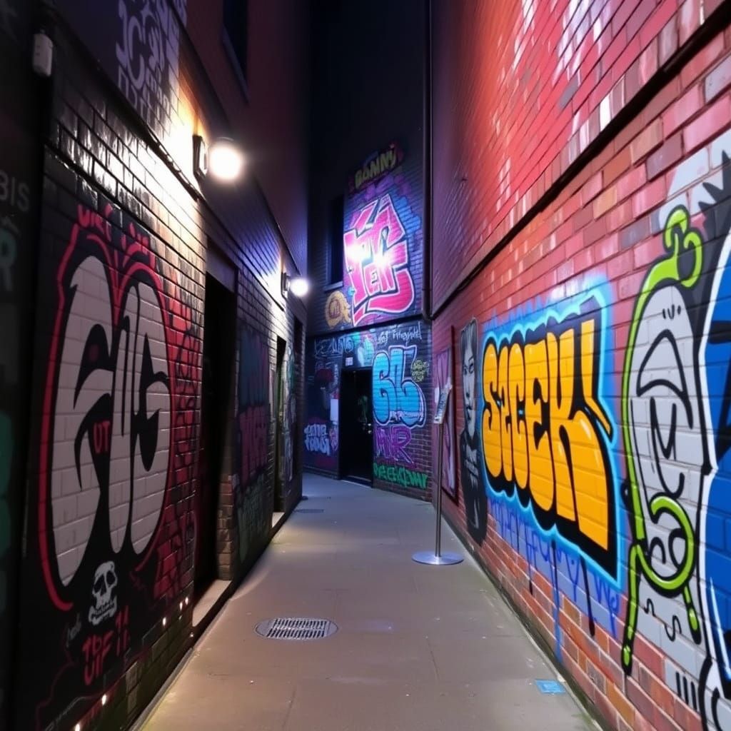 Vibrant Street Art in a Dimly Lit Alley