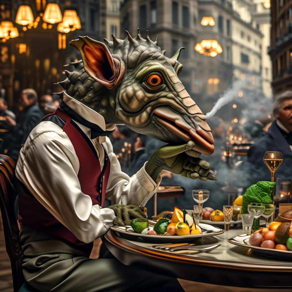 Hyperrealistic Waiter Scene in Magical Realism Style