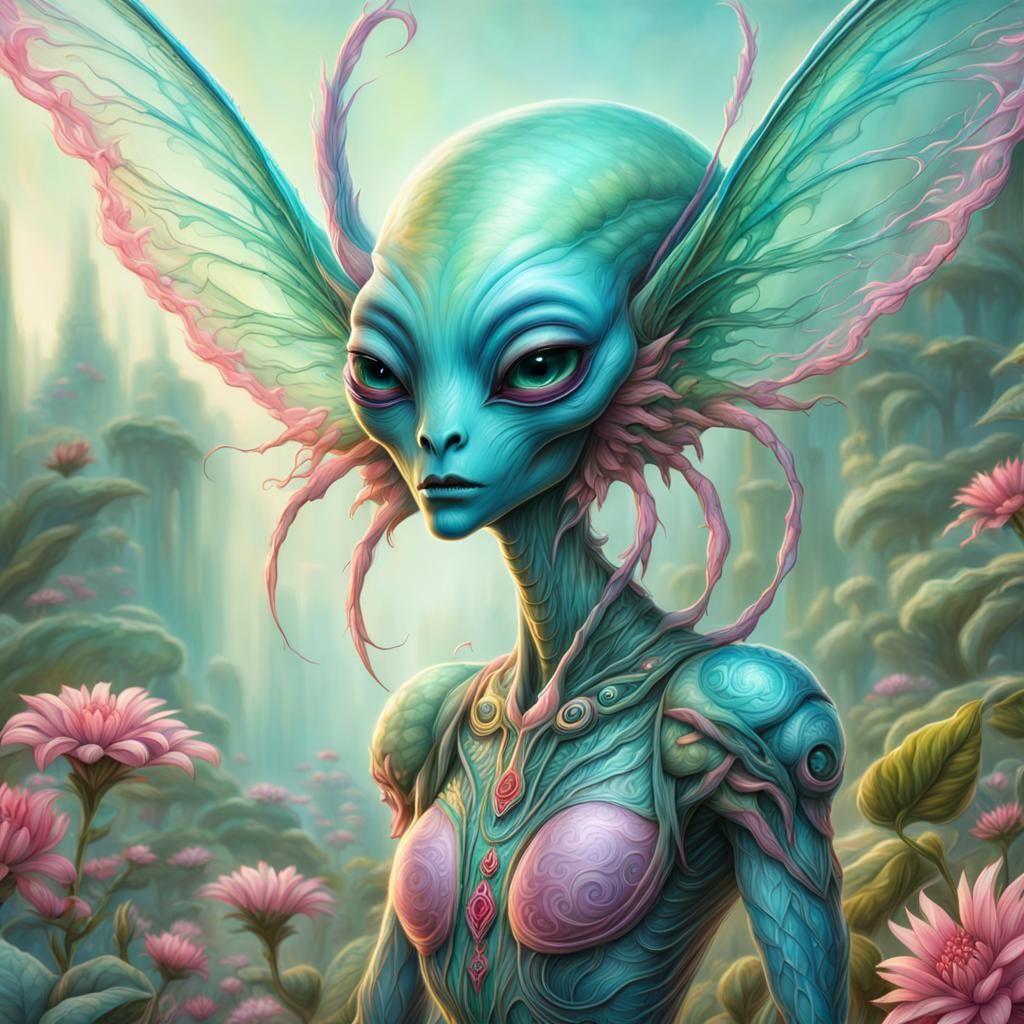 Happy Alien with Translucent Wings in Airbrush Art