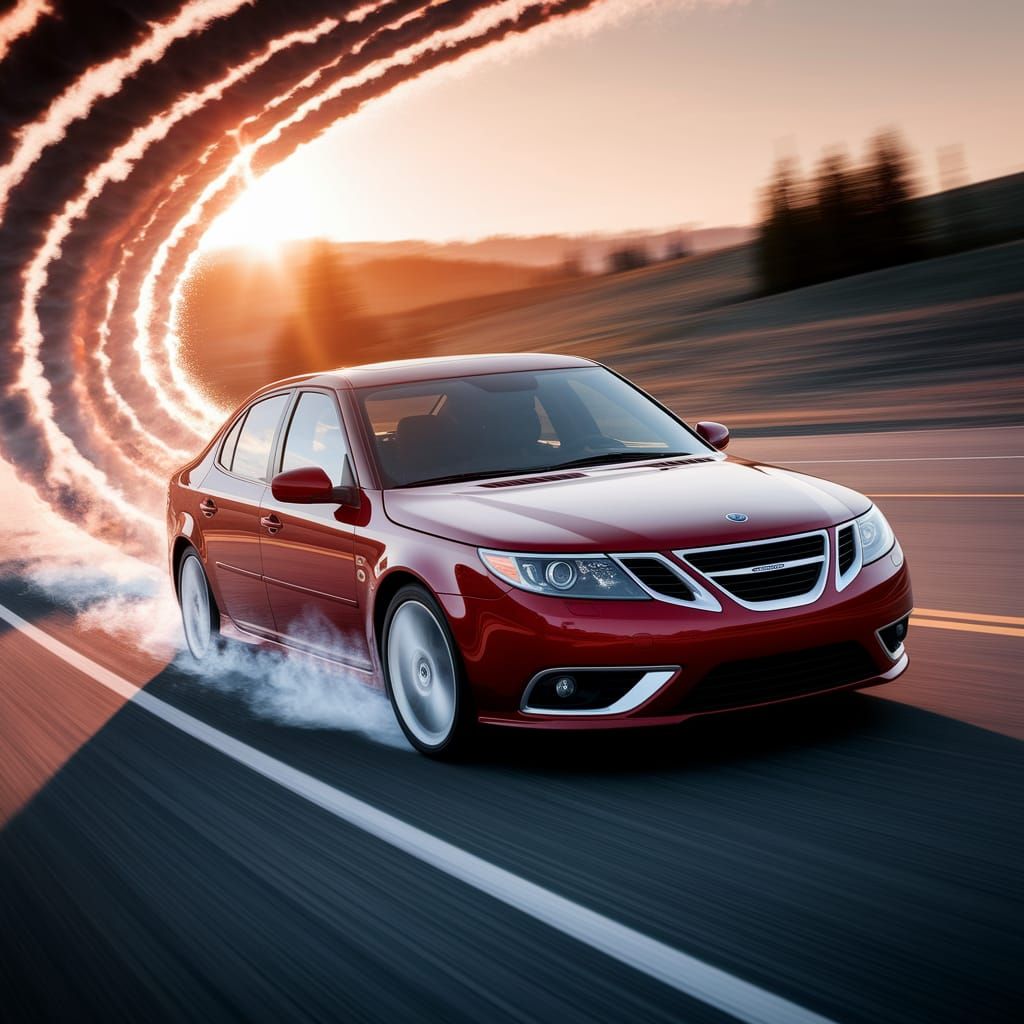 Crimson Saab Car Emerges From Jet Exhaust Vortex