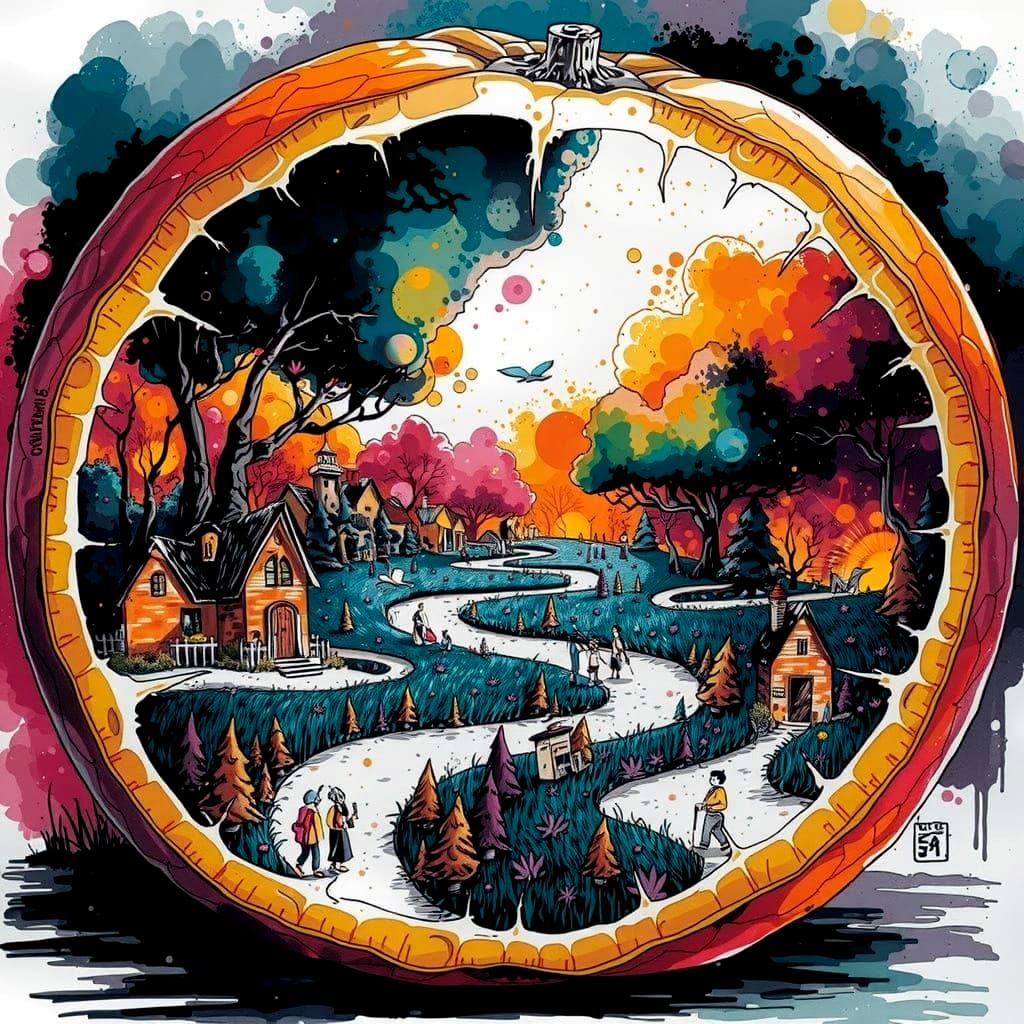 Vibrant Orange Wonderland Unveiled in Intricate Ink Painting