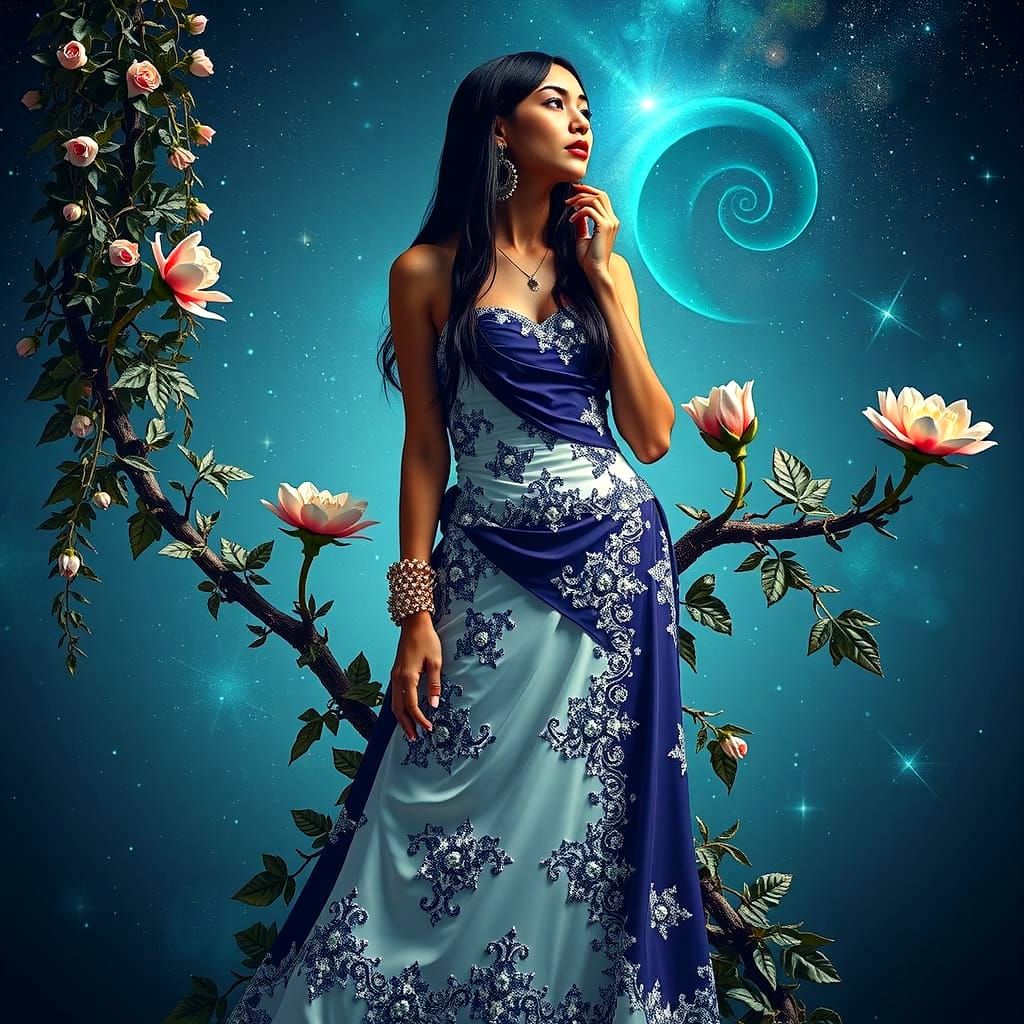 Woman in Starry Night Sky: 3D Photorealistic Rendering