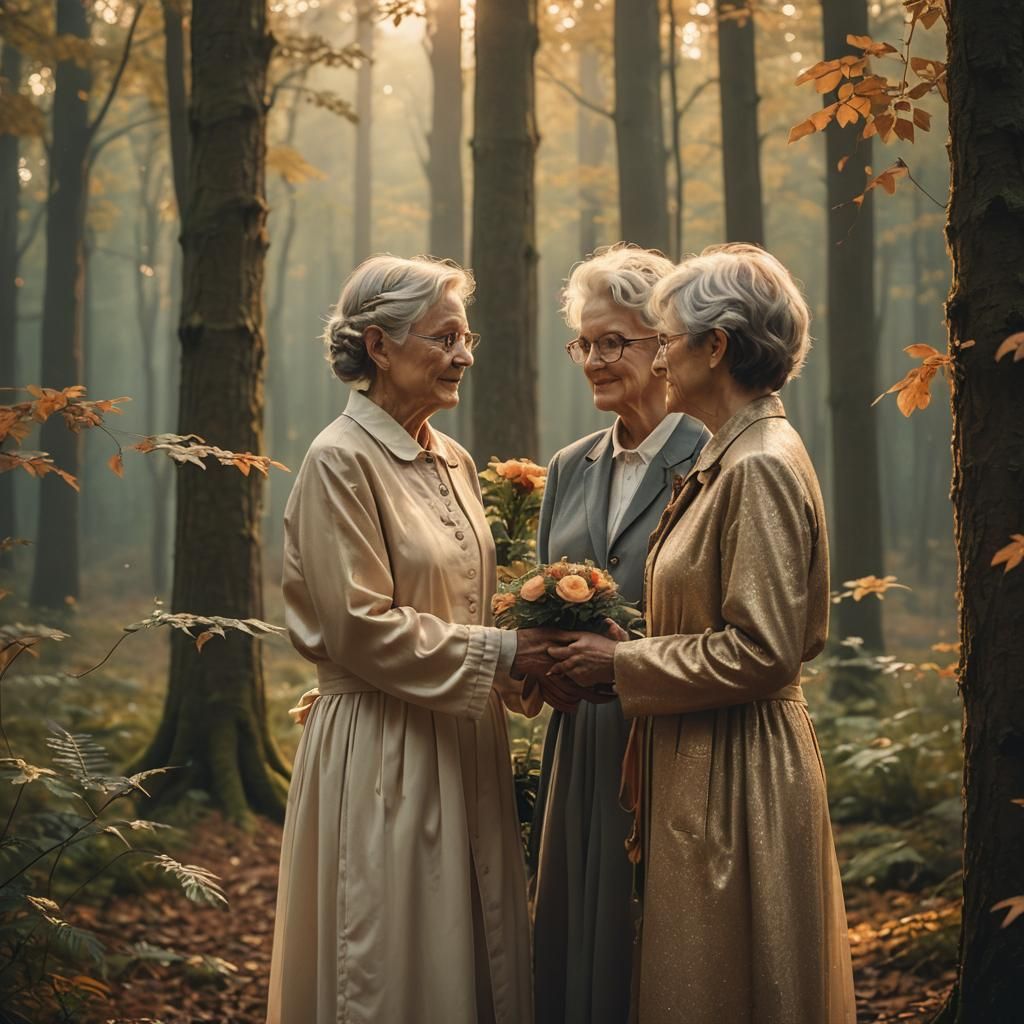 Lesbian Wedding in Forest at Dusk, Magical Realism