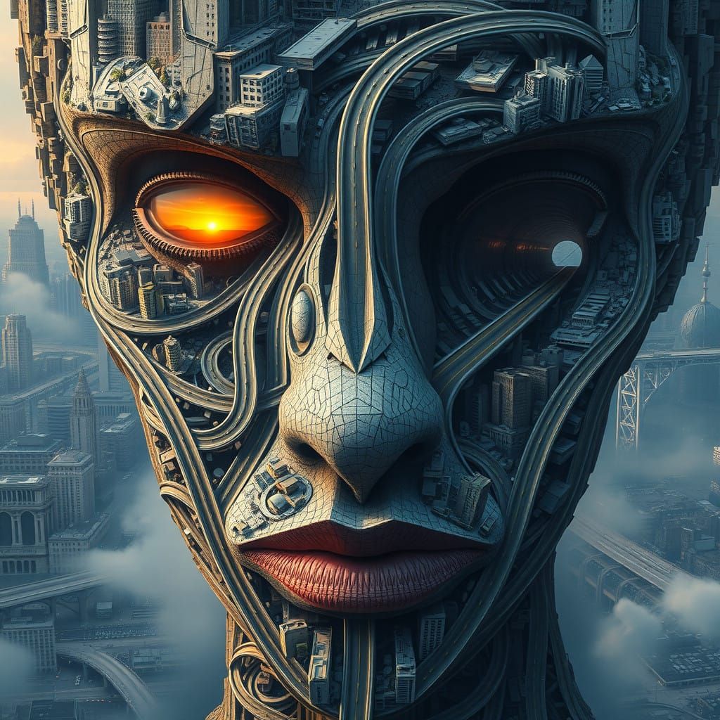 Surreal Cityscape Face Blends Nature and Technology