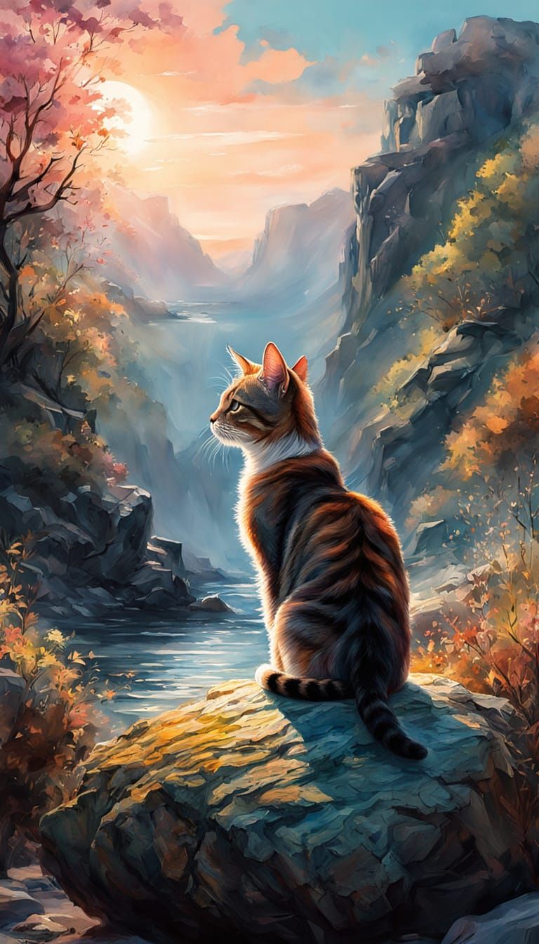 Tabby Cat on Mossy Rock: Digital Watercolor Art