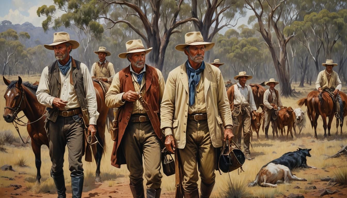 Australian Cattlemen Painting in 1800s Style