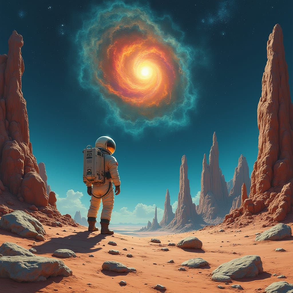 Cosmic Astronaut in a Swirling Nebula Landscape