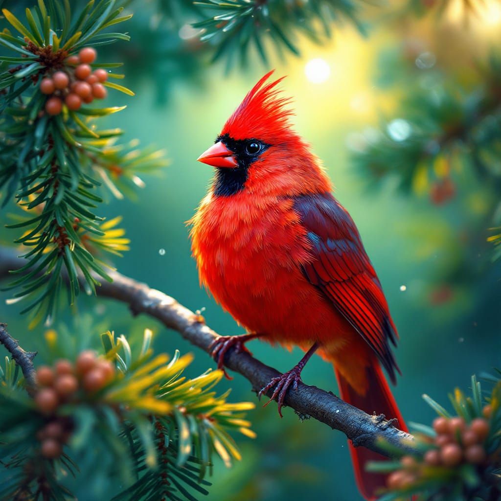 Cardinal in Emerald Pine: Impressionist Oil Painting