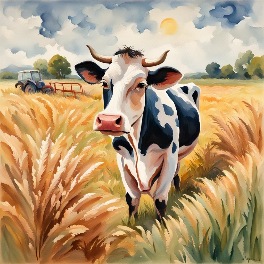 Cow Plowing Field in Gouache Watercolor Style