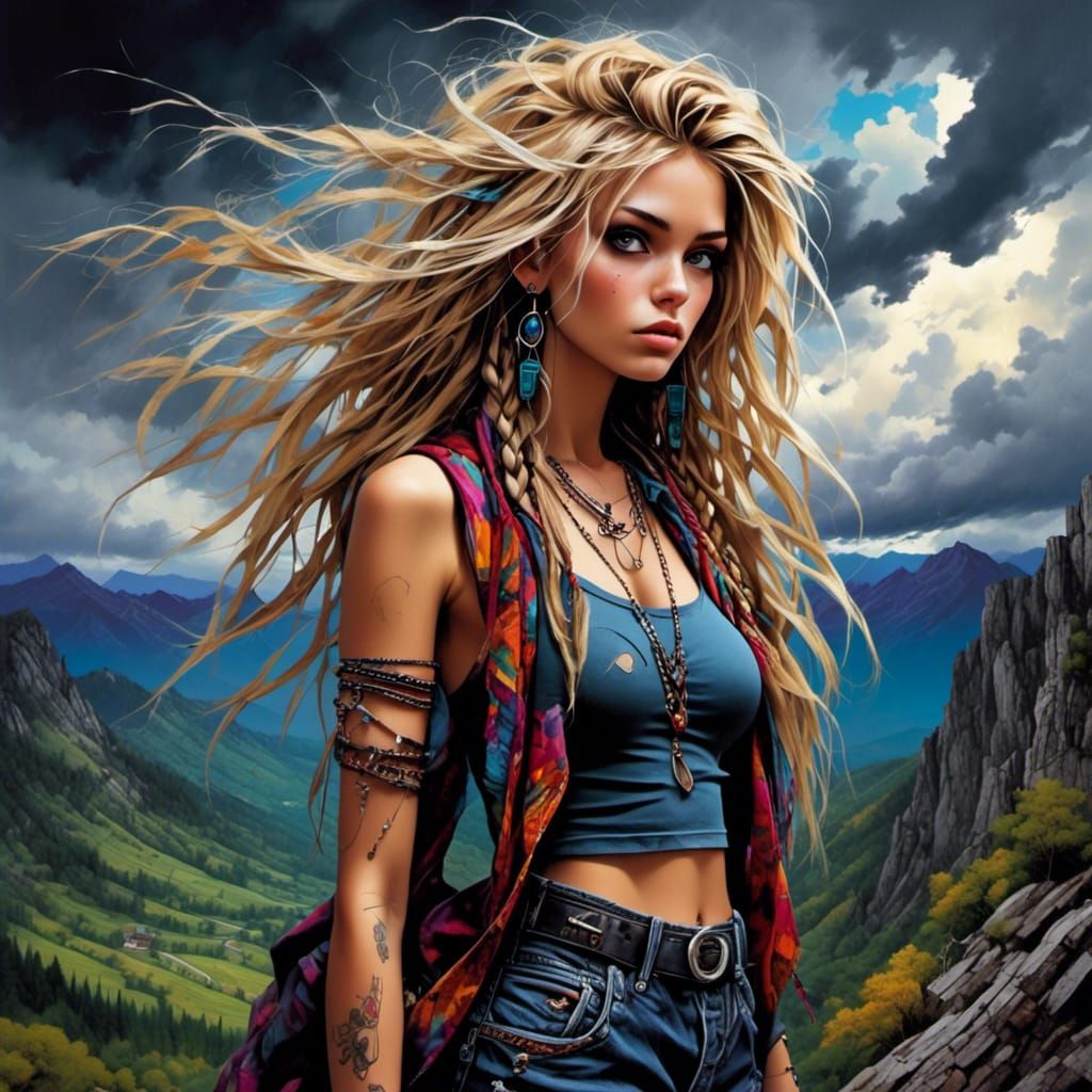 Punk Hippy Girl Amidst Mountain Storm