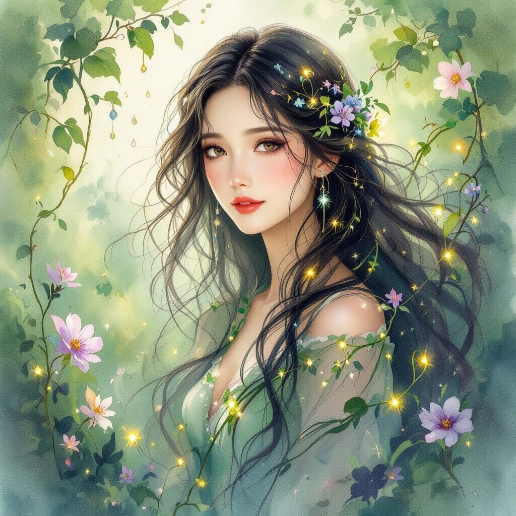 Ethereal Watercolor Woman with Flowing Hair and Nature