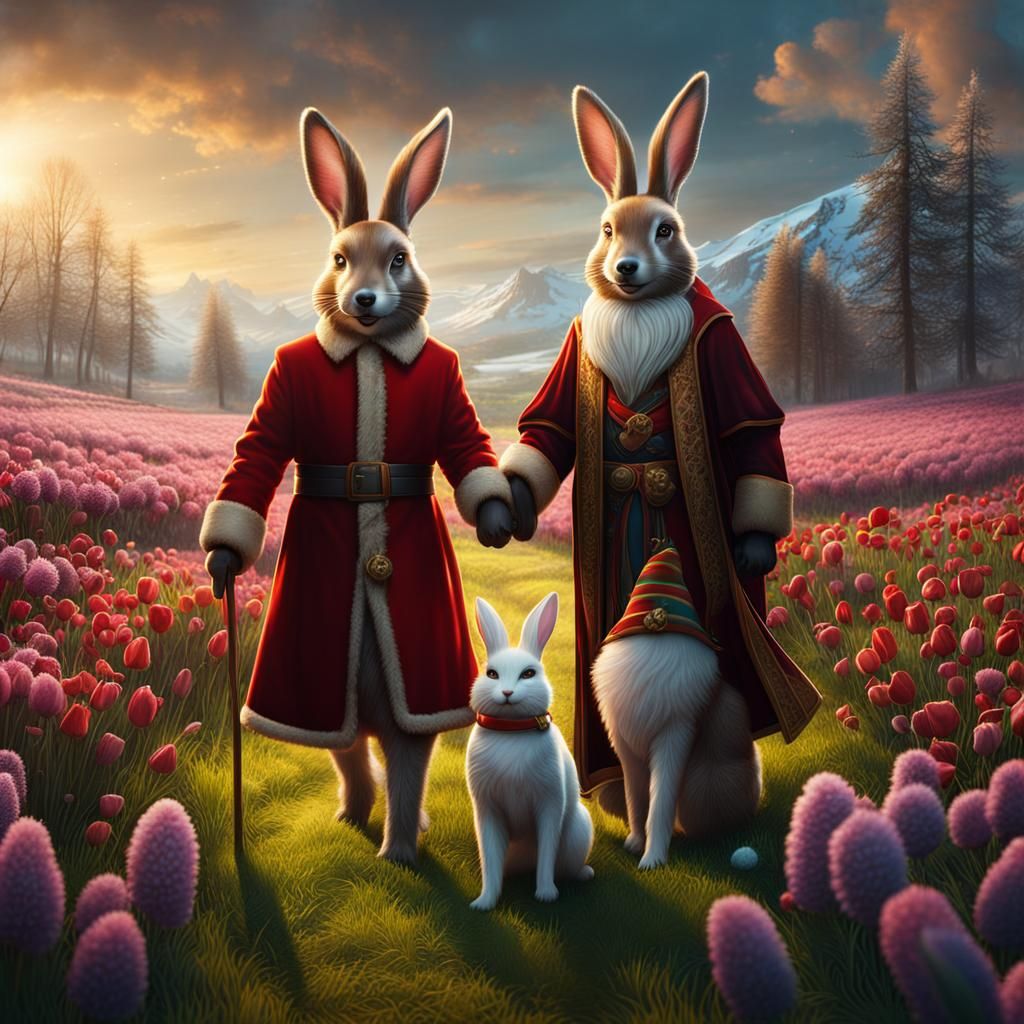 Santa and Easter Bunny Stroll Through Field