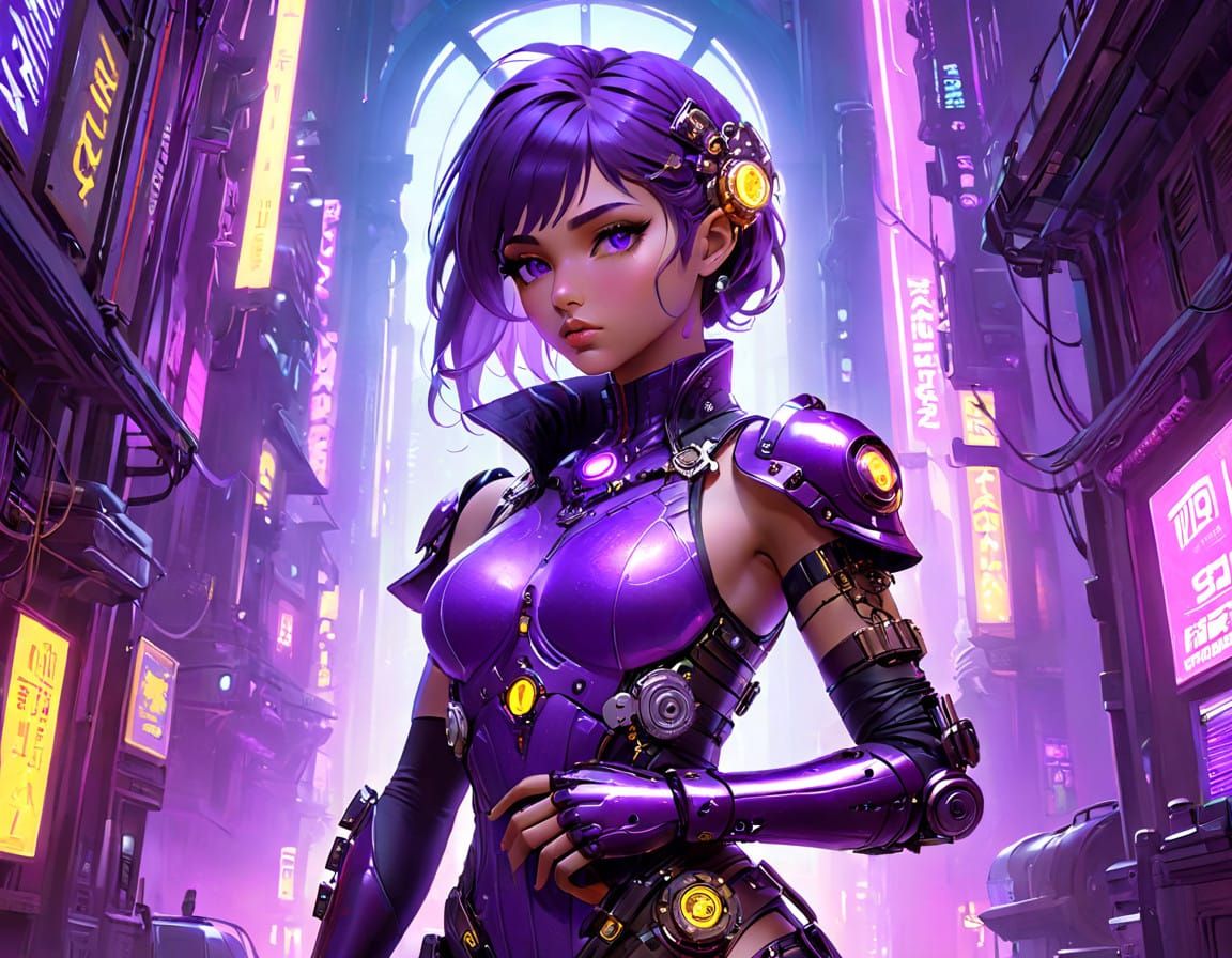 Cyberpunk Female Scientist in Gaudy Cityscape