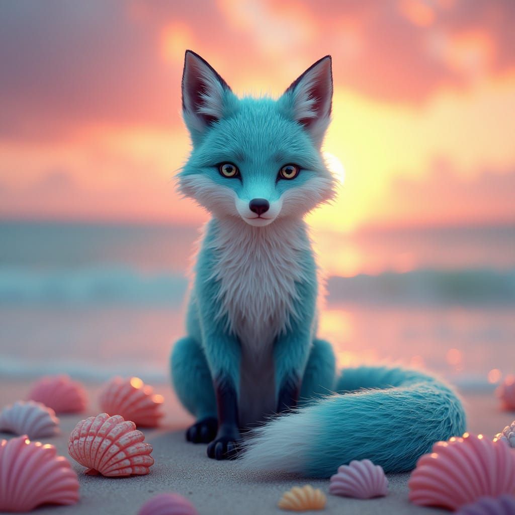 Regal Coral Blue Fox Amidst Surreal Sunset Beach