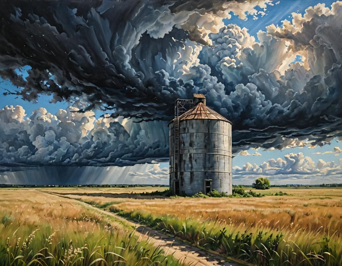 Prairie Grain Silo in Oil Painting Style