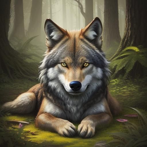 Wolf-Cat Hybrid in Forest: Whimsical Illustration