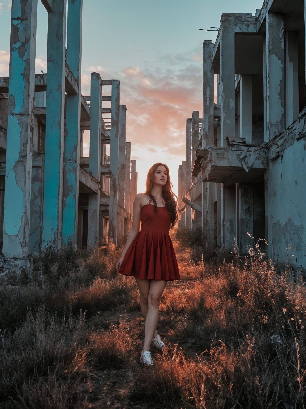 Woman in Red Dress Amid Soviet Architecture