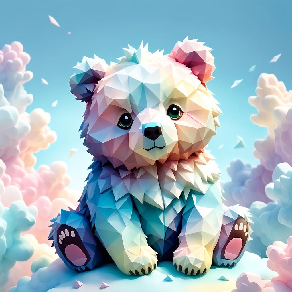 Cute Fluffy Bear on Cloud in Low-Poly Art