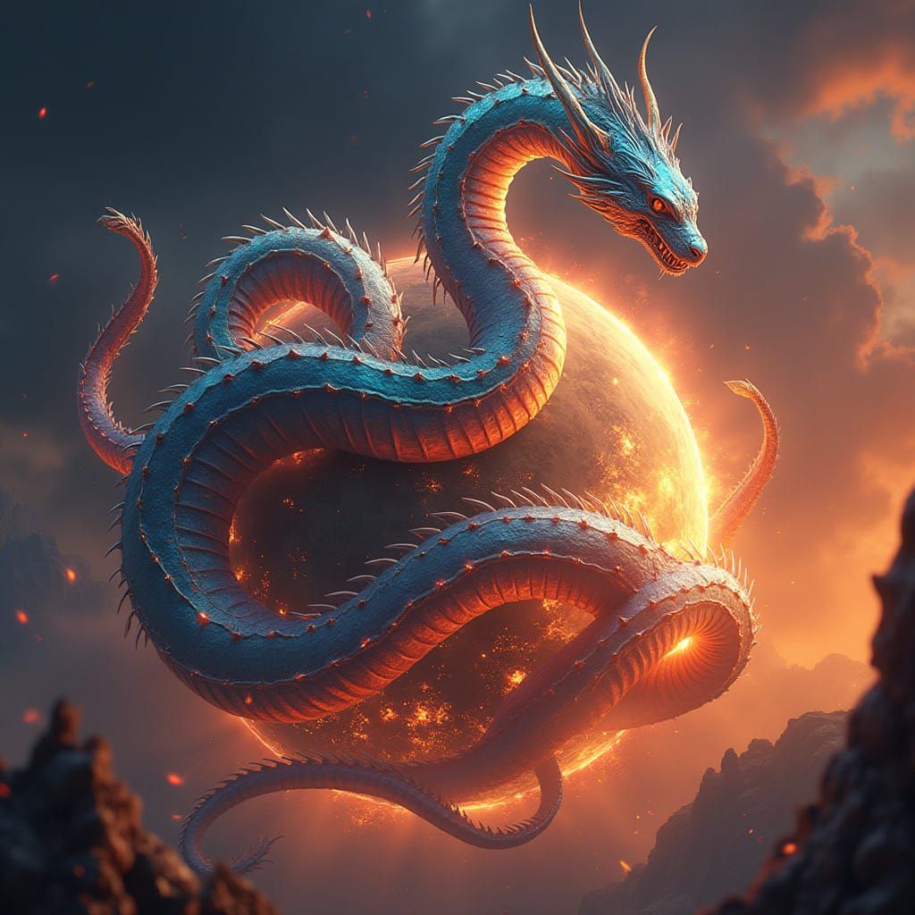 Celestial Serpent God Devours Burning Planet in Cosmic Embra...
