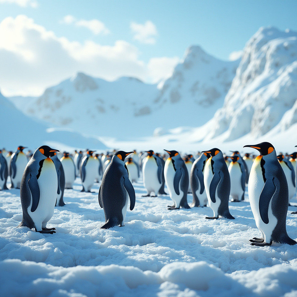 Emperor Penguins Socializing in Antarctic Landscape