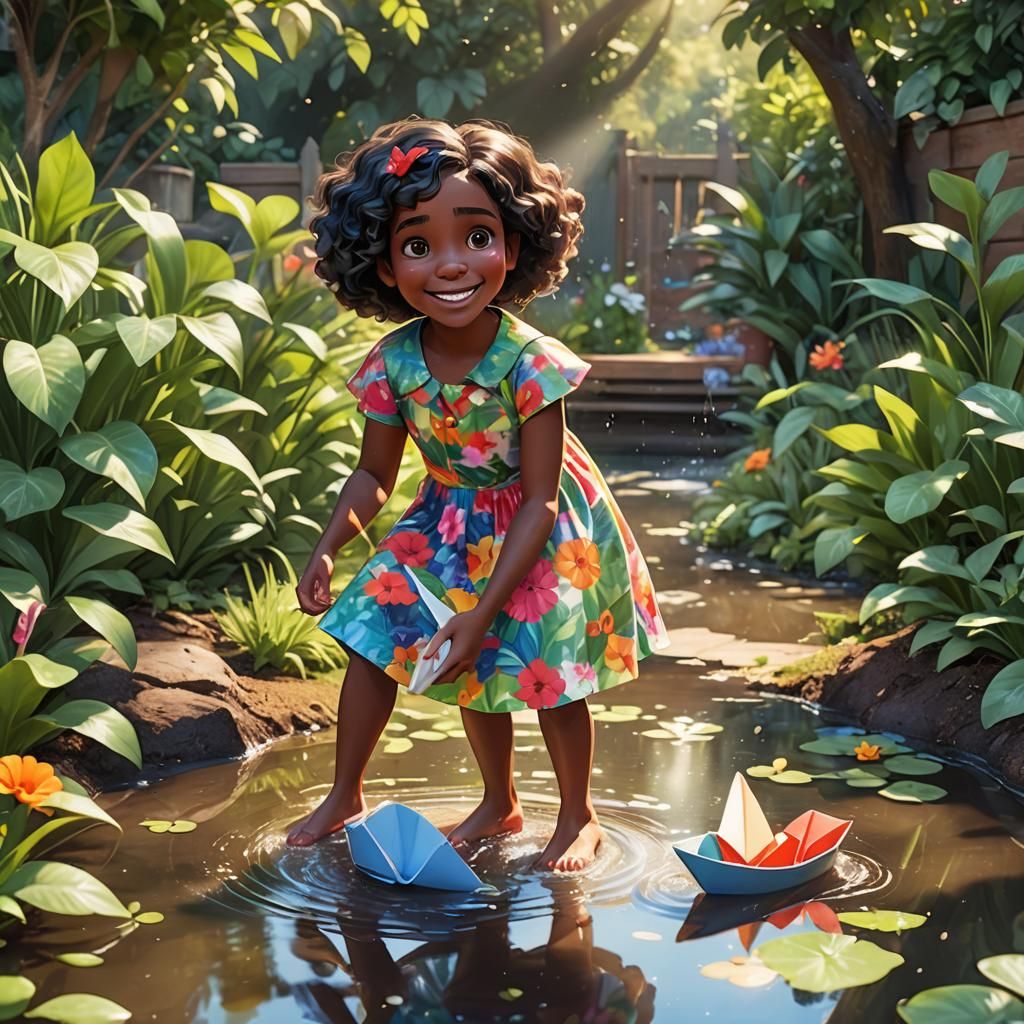 Joyful Girl with Paper Boat, Pixar-Inspired Art