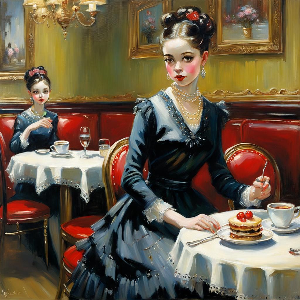 Elegant Woman in Cafe: Romantic Figurative Art