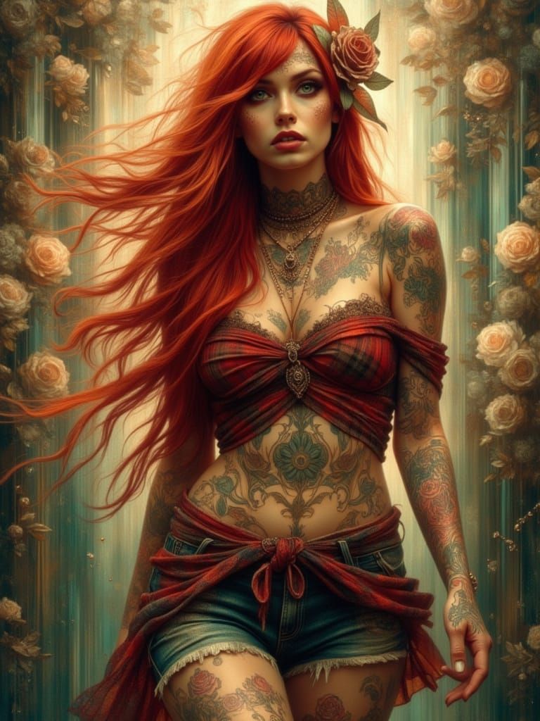 Red-Haired Woman with Flower Tattoos in Golden Hour