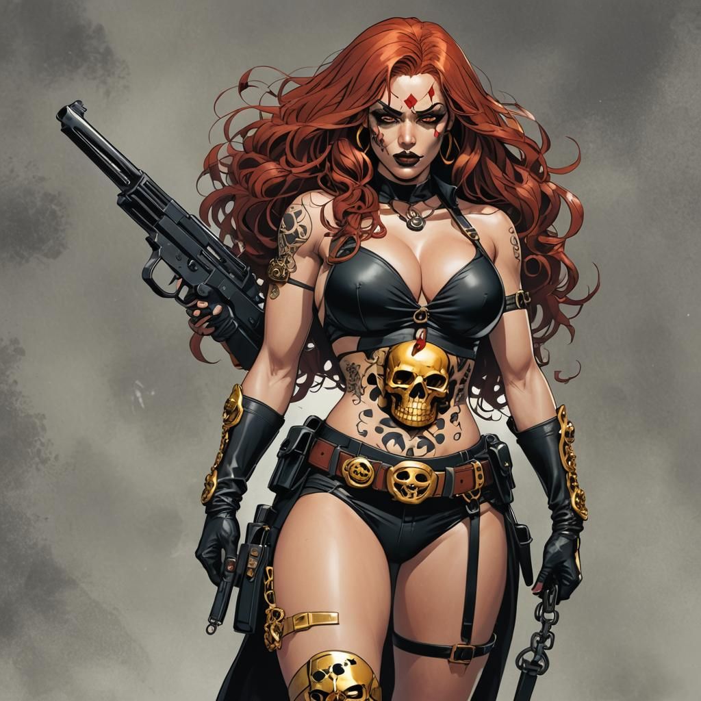 Red-Haired Comic Villainess in Black and Gold