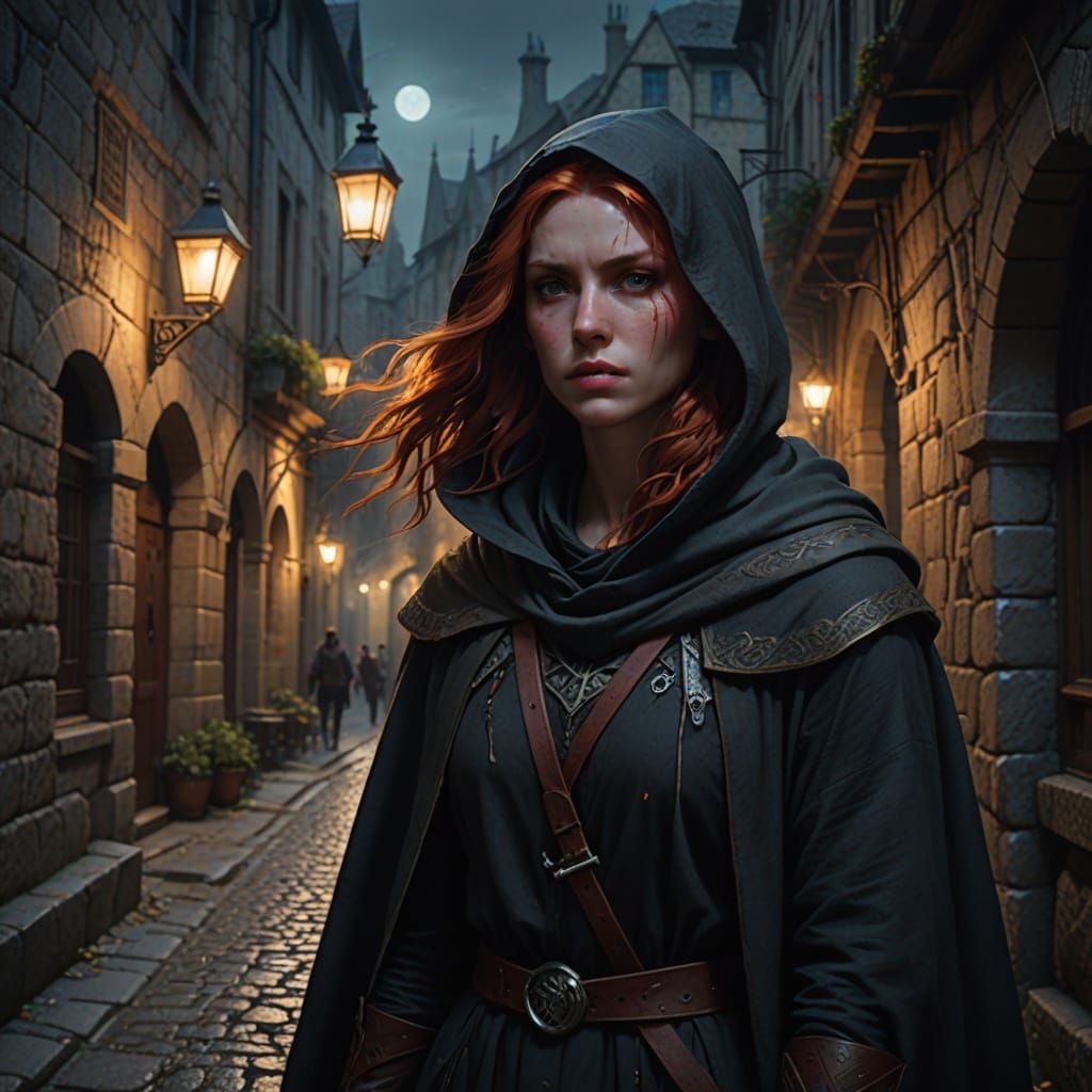 Assassin Girl in Moonlight: Medieval Street Scene