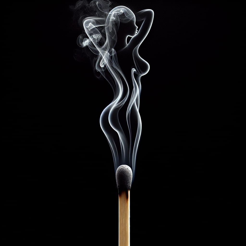 Photorealistic Matchstick Smoke Forms Woman Silhouette