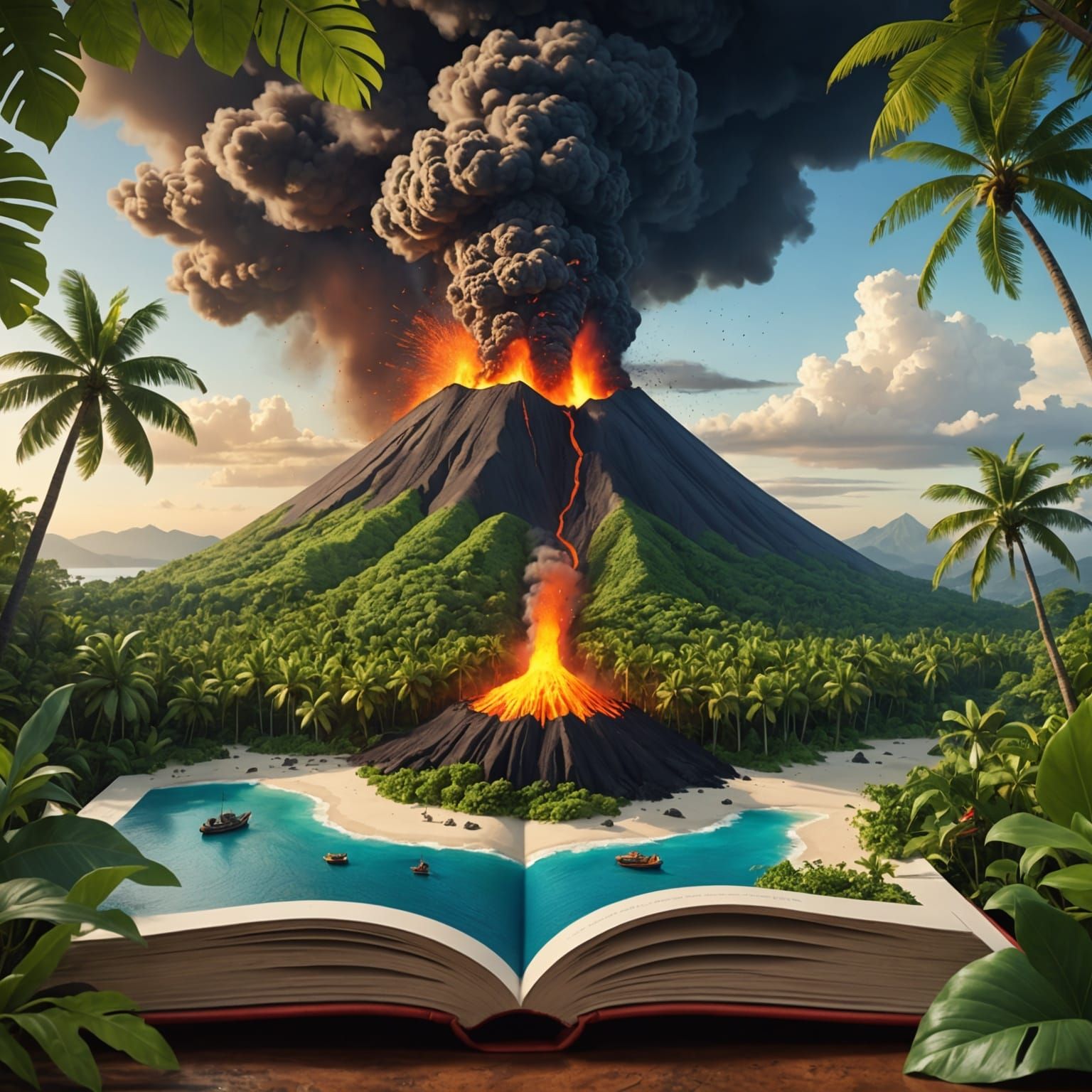 Volcano Erupts on Lush Island in Storybook Style