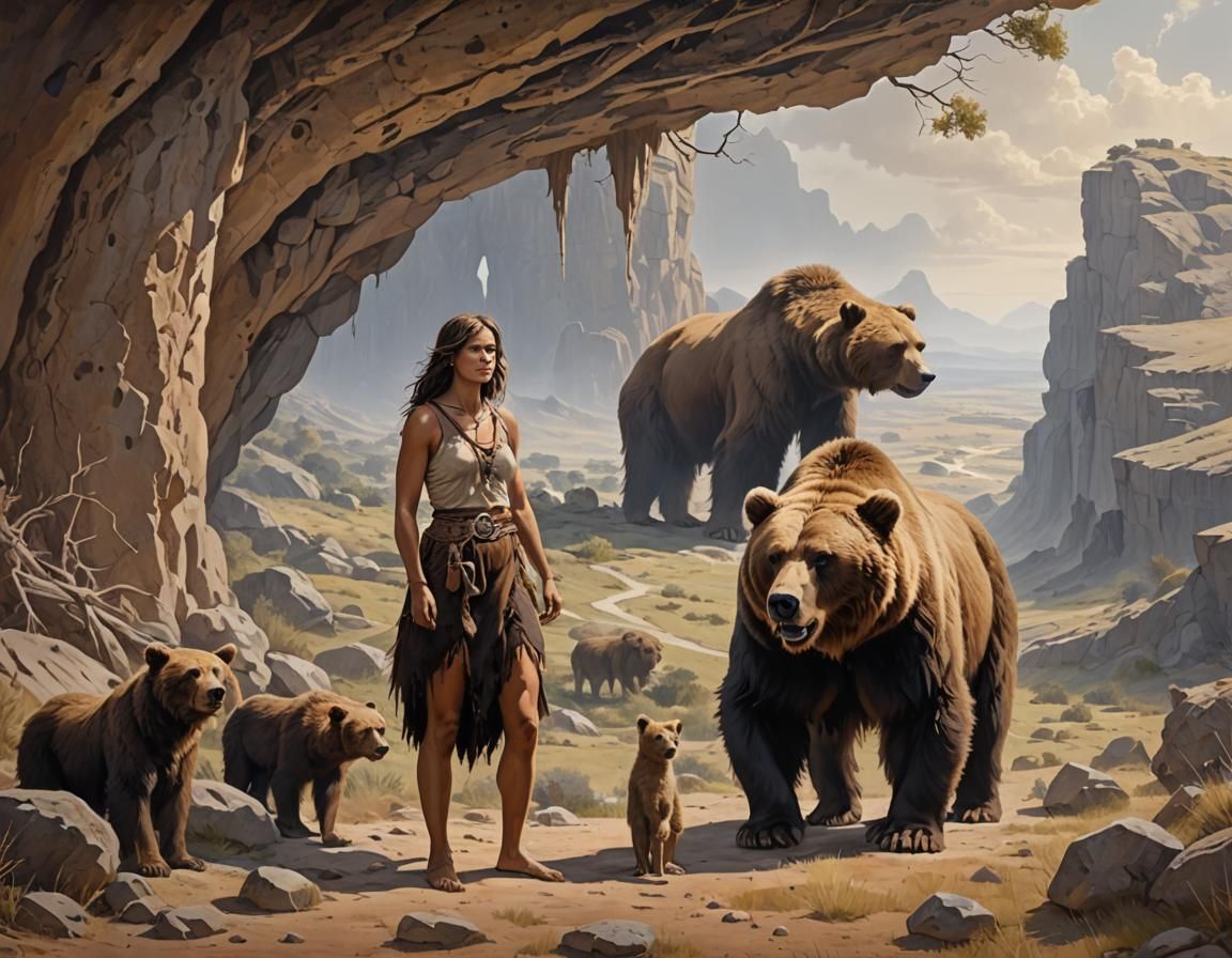 Prehistoric Cave Scene: Woman, Bear, and Plain