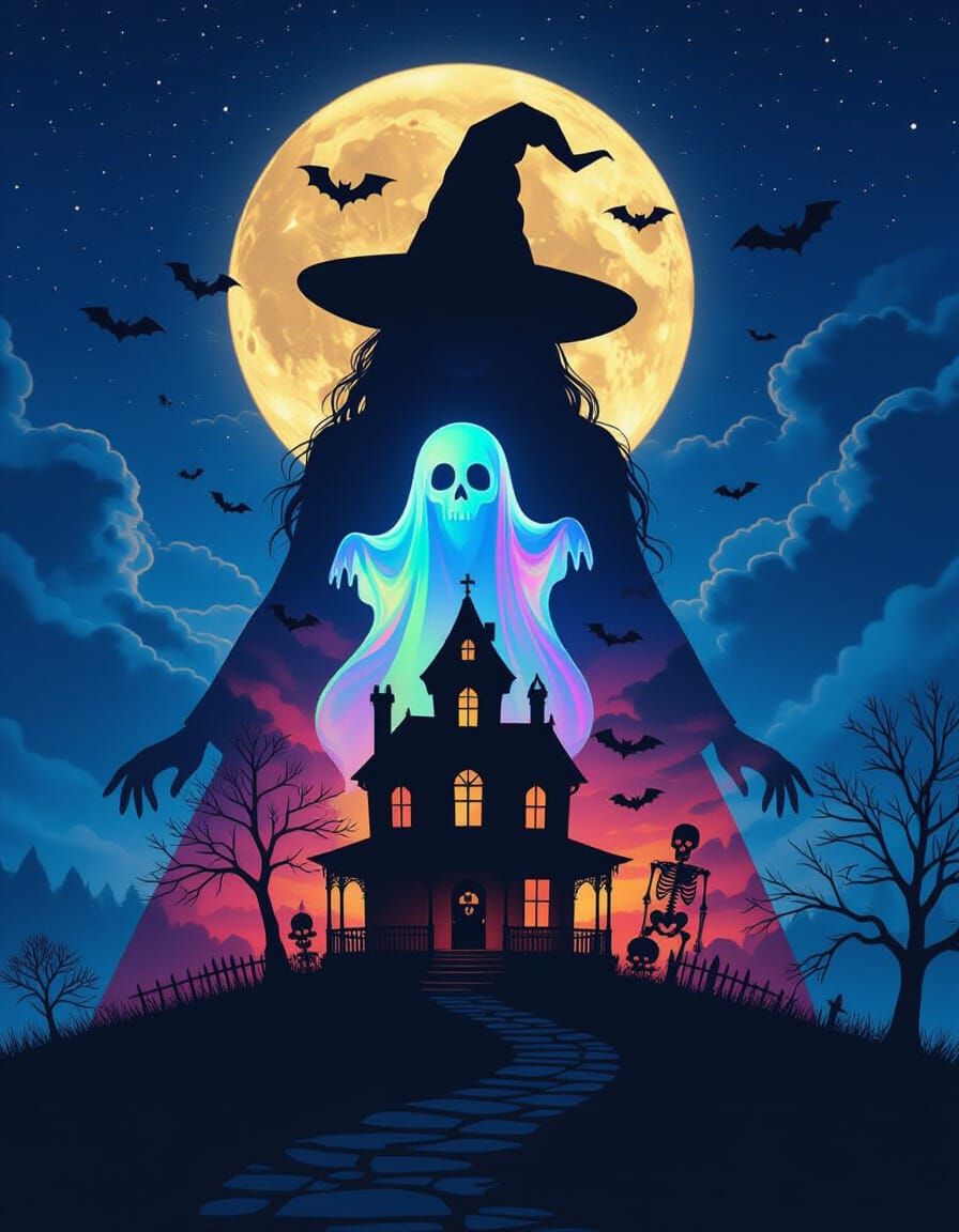 Whimsical Witch Double Exposure Halloween Scene