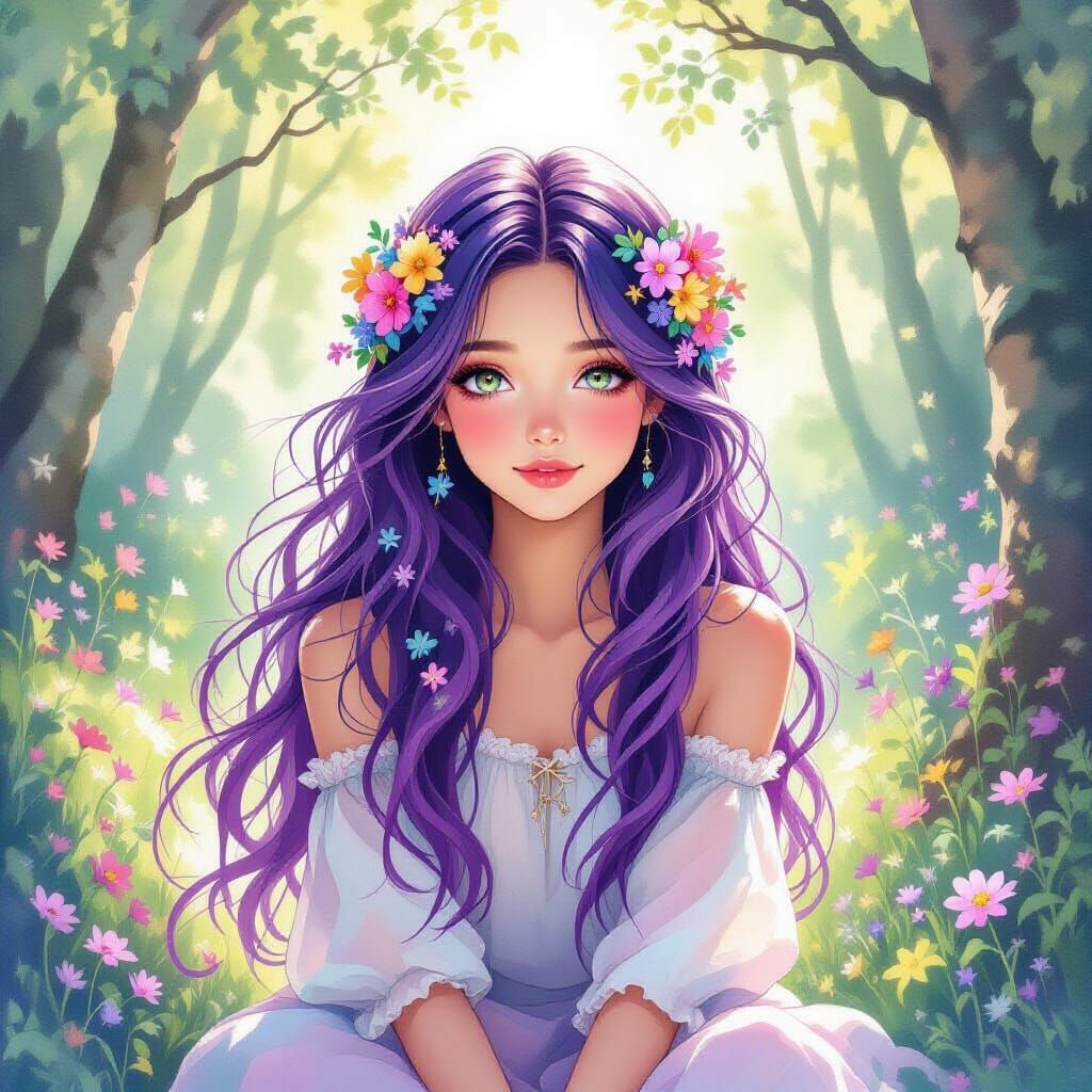 Mystical Girl with Purple Hair in Watercolor Style