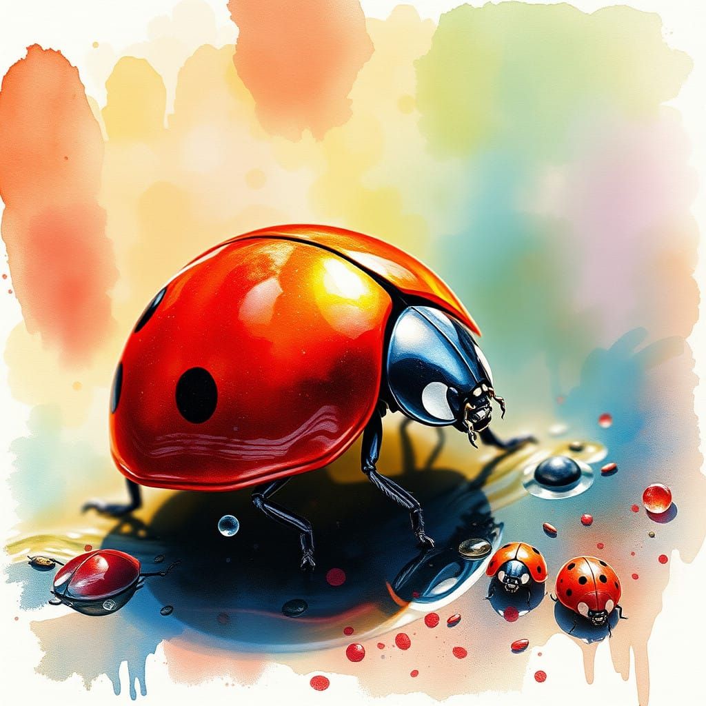 Fantastical Ladybug in Deep, Complementary Colors, Watercolo...
