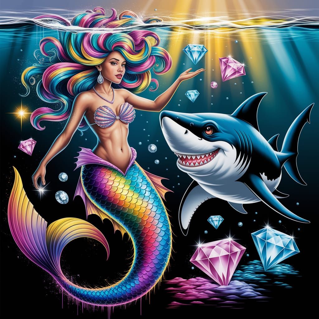 Graffiti Mermaid and Shark Underwater Mural