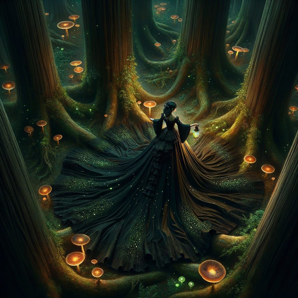 Gothic Woman in Forest with Lantern, Oil Painting