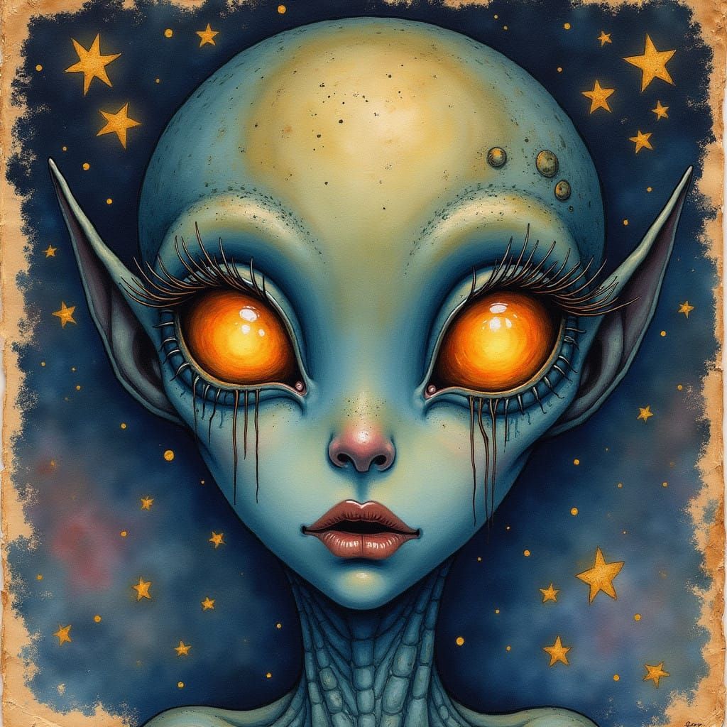 Mystical Alien Goddess in Vintage Watercolor