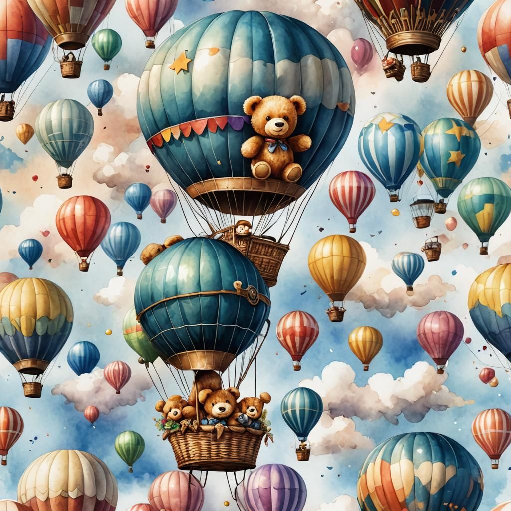 Teddy Bear in Hot Air Balloon Watercolor Clipart