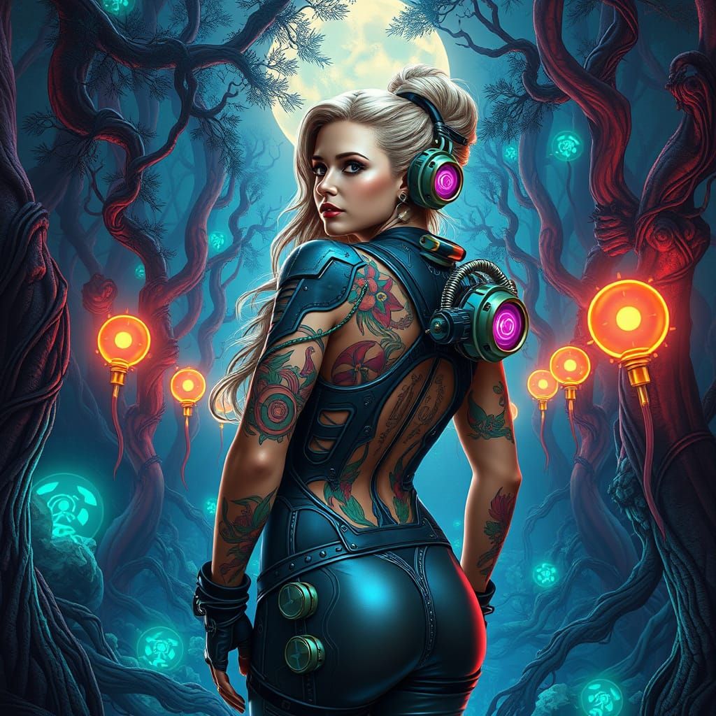 Neon Tattooed Woman in Cyberpunk Forest