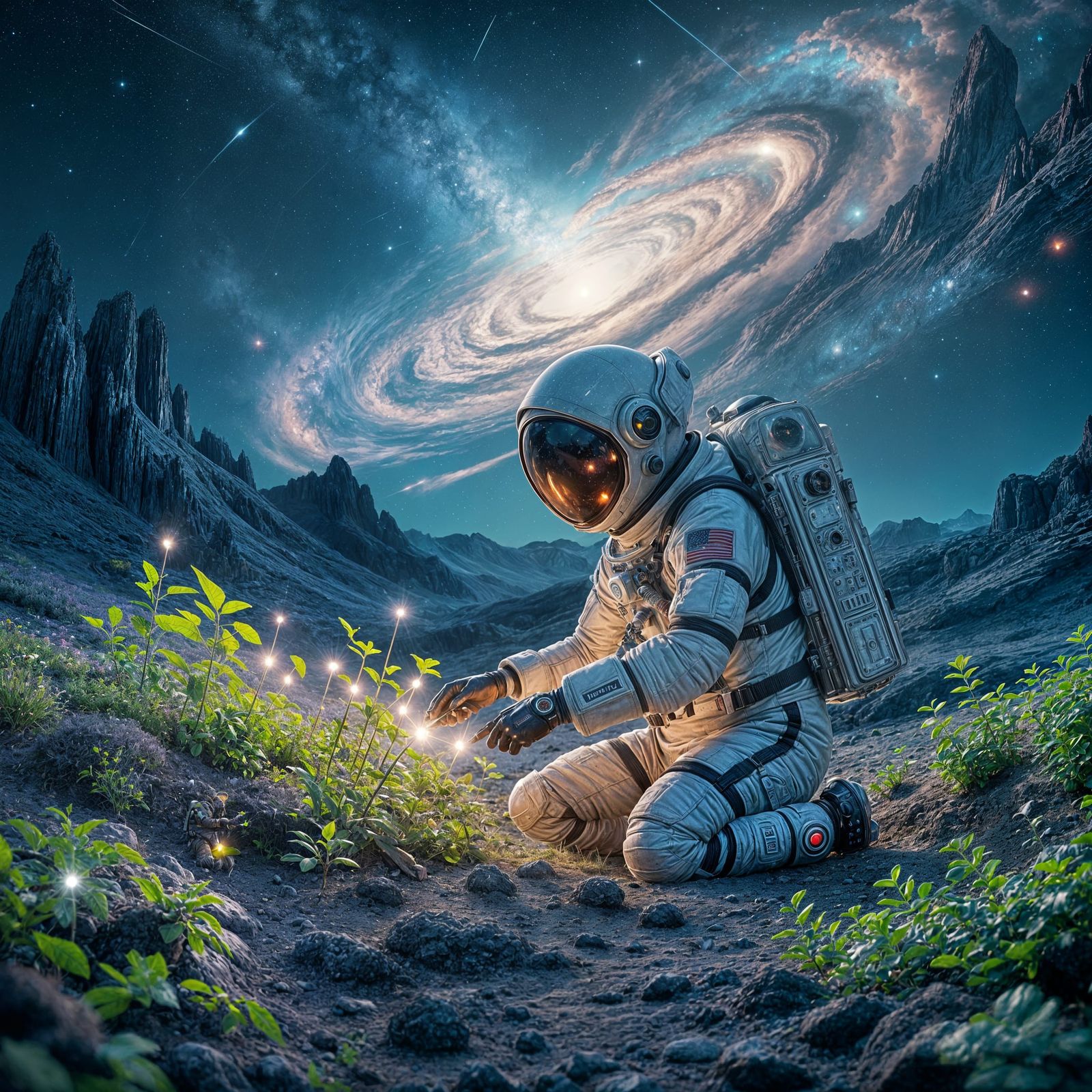 Astronaut and Bioluminescent Garden on Alien Planet