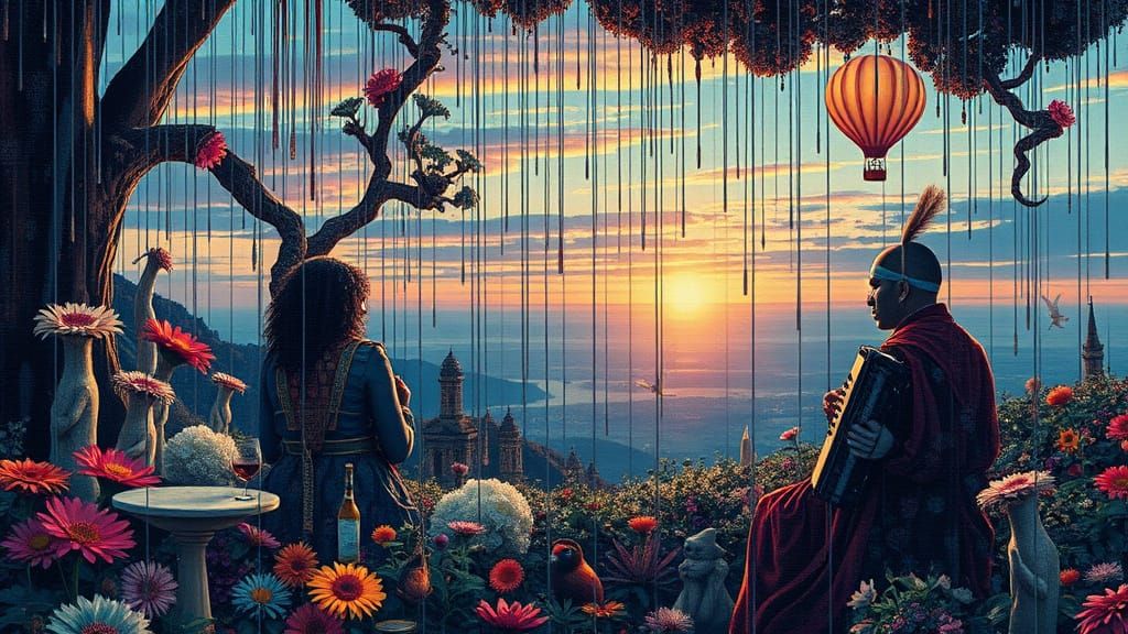 Vibrant Glitch Art with Sunset and Abstract Elements