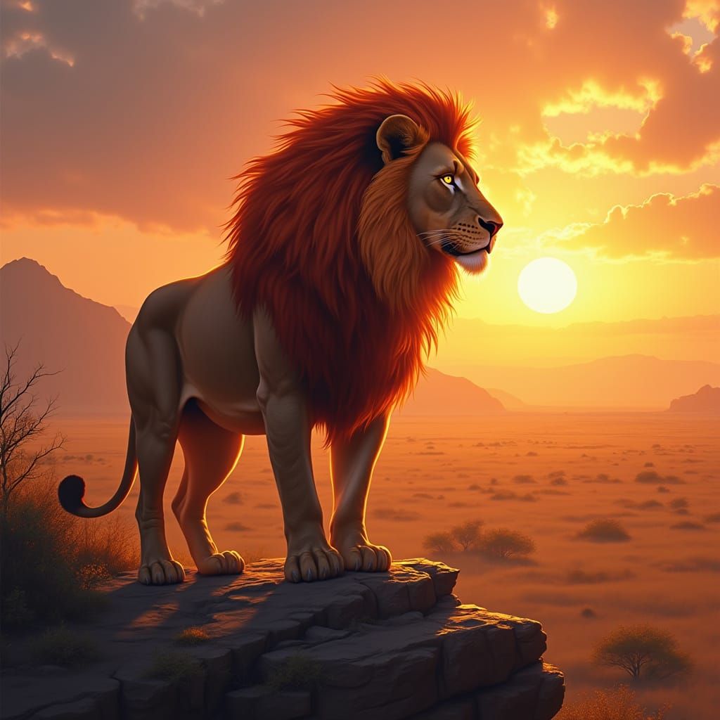Fiery Lion on Savannah, Hyperrealistic Digital Art