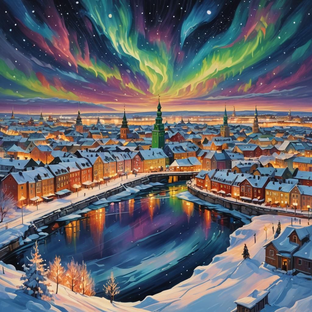 Surreal Christmas Scene in Iridescent Oil Painting Style
