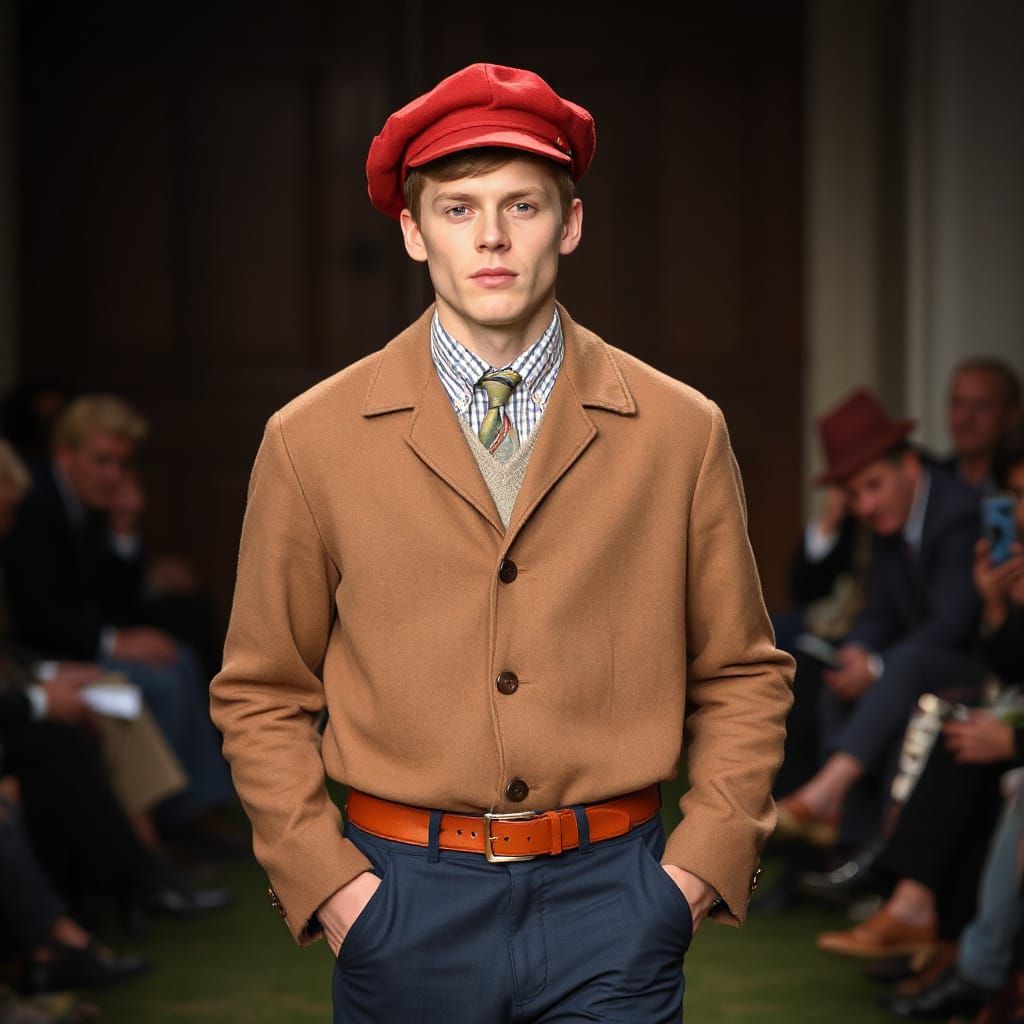 Handsome Young Man Struts Down Catwalk in Red Hunting Cap