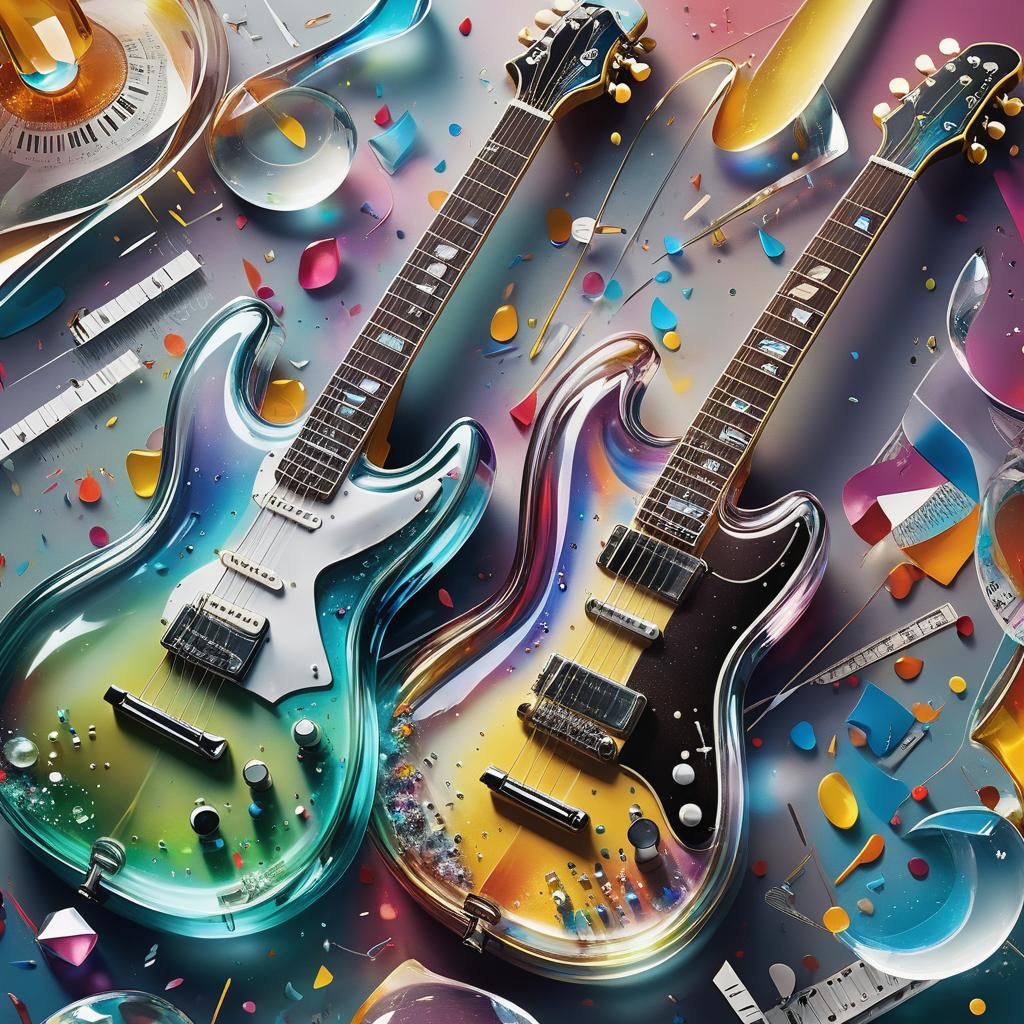 Crystal Guitar and Music Notes in Splash Art Style
